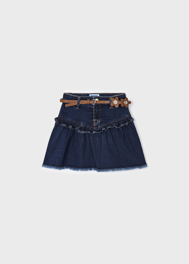 Dark Denim Fray Skirt & Belt Set