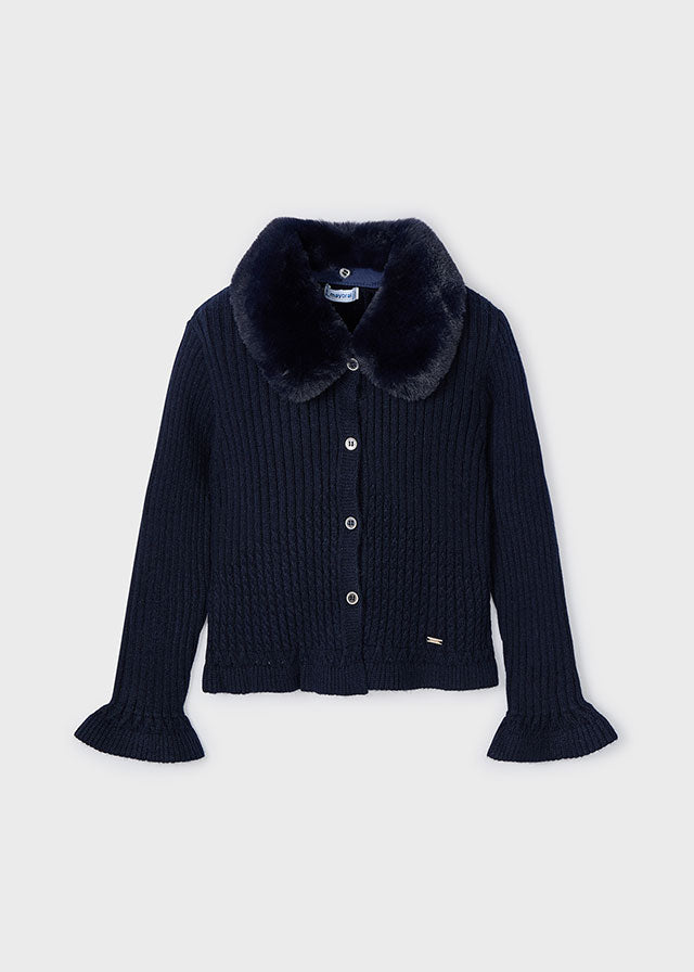 Navy Faux Fur Collar Cardigan Sweater