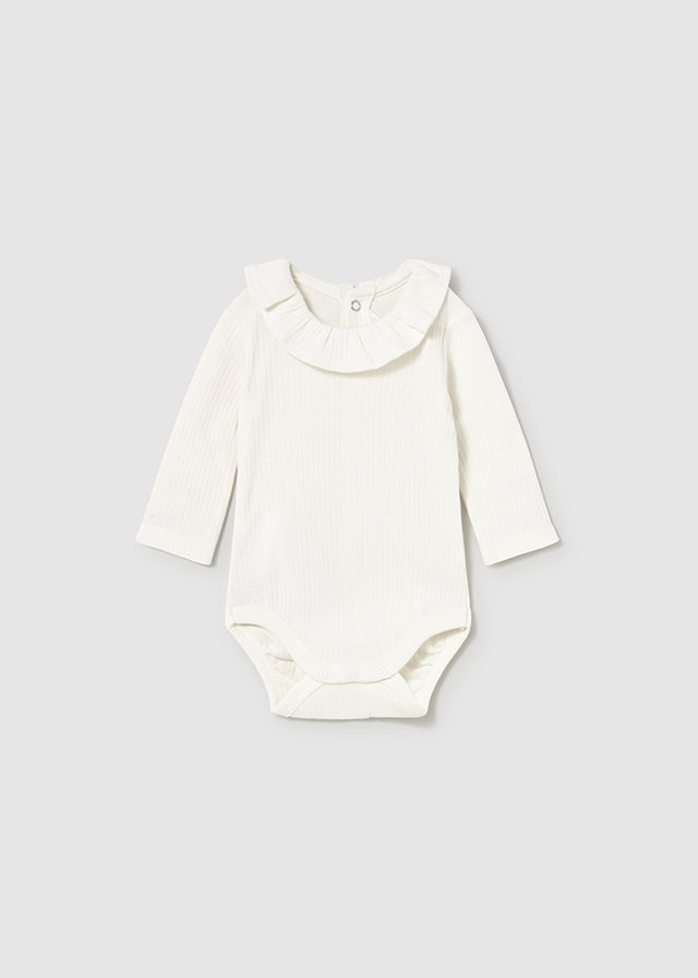 Cream Rib Ruffled Neck Bodysuit