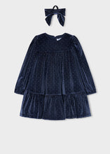 Load image into Gallery viewer, Navy Velvet Tiered Dress &amp; Bow Scrunchie Set
