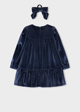 Load image into Gallery viewer, Navy Velvet Tiered Dress &amp; Bow Scrunchie Set
