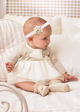 Load image into Gallery viewer, Taupe Ribbon Shimmer Dress &amp; Bloomer Set
