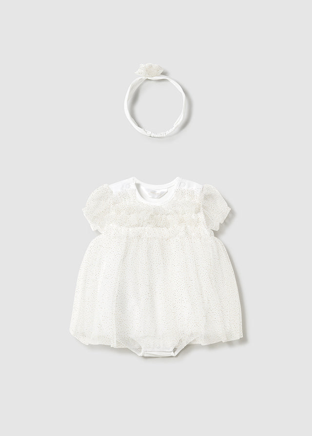 White Shimmer Tulle Dress + Headband Set