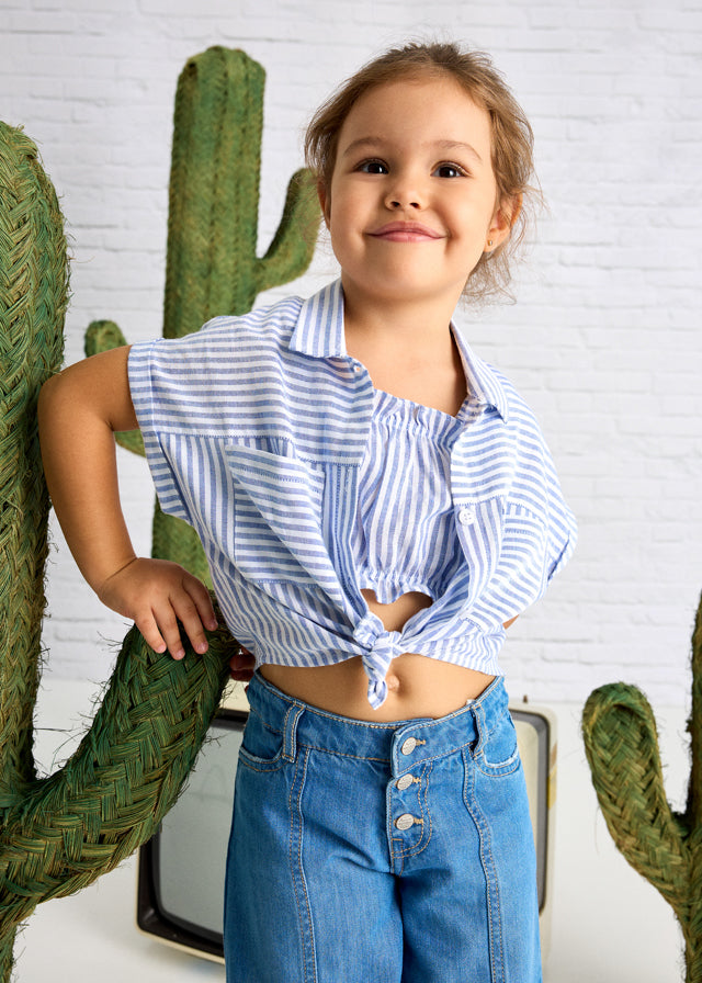 Blue Stripe Linen Crop Top and Button Up Set