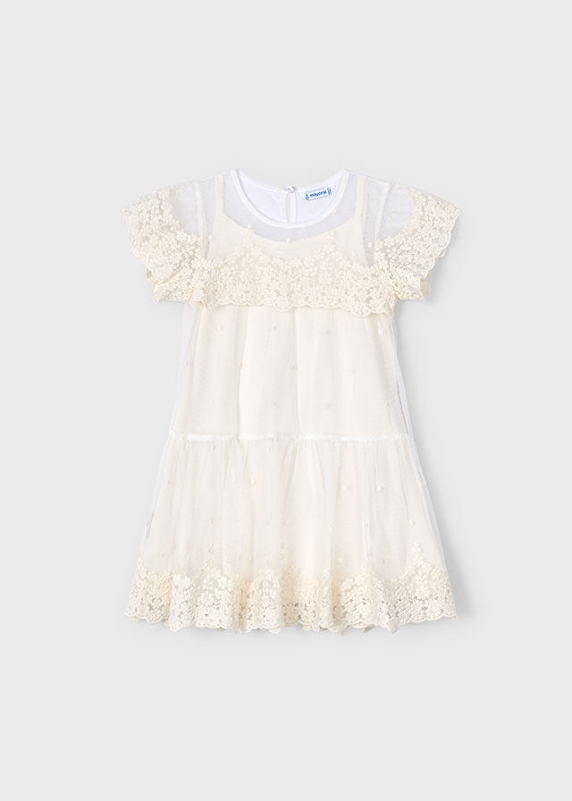 Natural Embroidered Tulle Dress