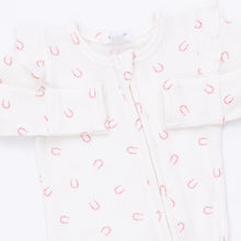 Load image into Gallery viewer, Little Pink Horseshoes Ruffle Two-Way Zip Footie

