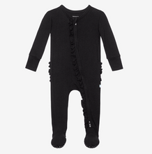 Load image into Gallery viewer, Solid Ribbed Black Ruffle Zip Footie
