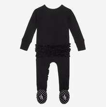 Load image into Gallery viewer, Solid Ribbed Black Ruffle Zip Footie
