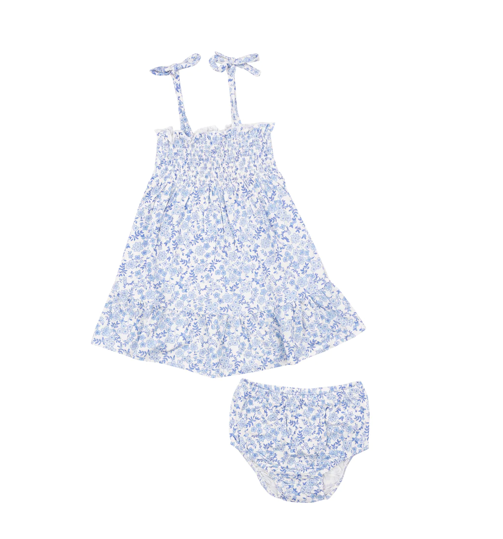 Blue Calico Floral Tie Strap Dress + Bloomer