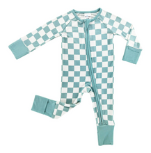 Load image into Gallery viewer, Seafoam Checkered Zip Flip Footie
