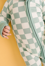 Load image into Gallery viewer, Seafoam Checkered Zip Flip Footie
