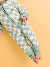 Load image into Gallery viewer, Seafoam Checkered Zip Flip Footie
