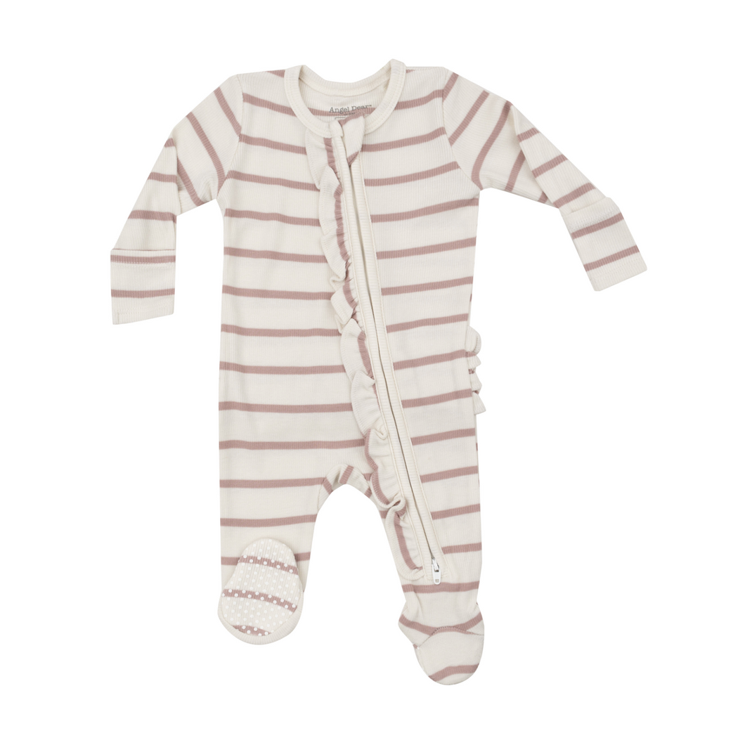 Ribbed Stripe Misty Rose Ruffle 2-Way Zip Footie