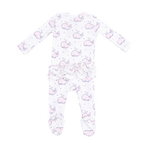 Load image into Gallery viewer, Bubbly Whale Pink Ruffle Two-Way Zip Footie
