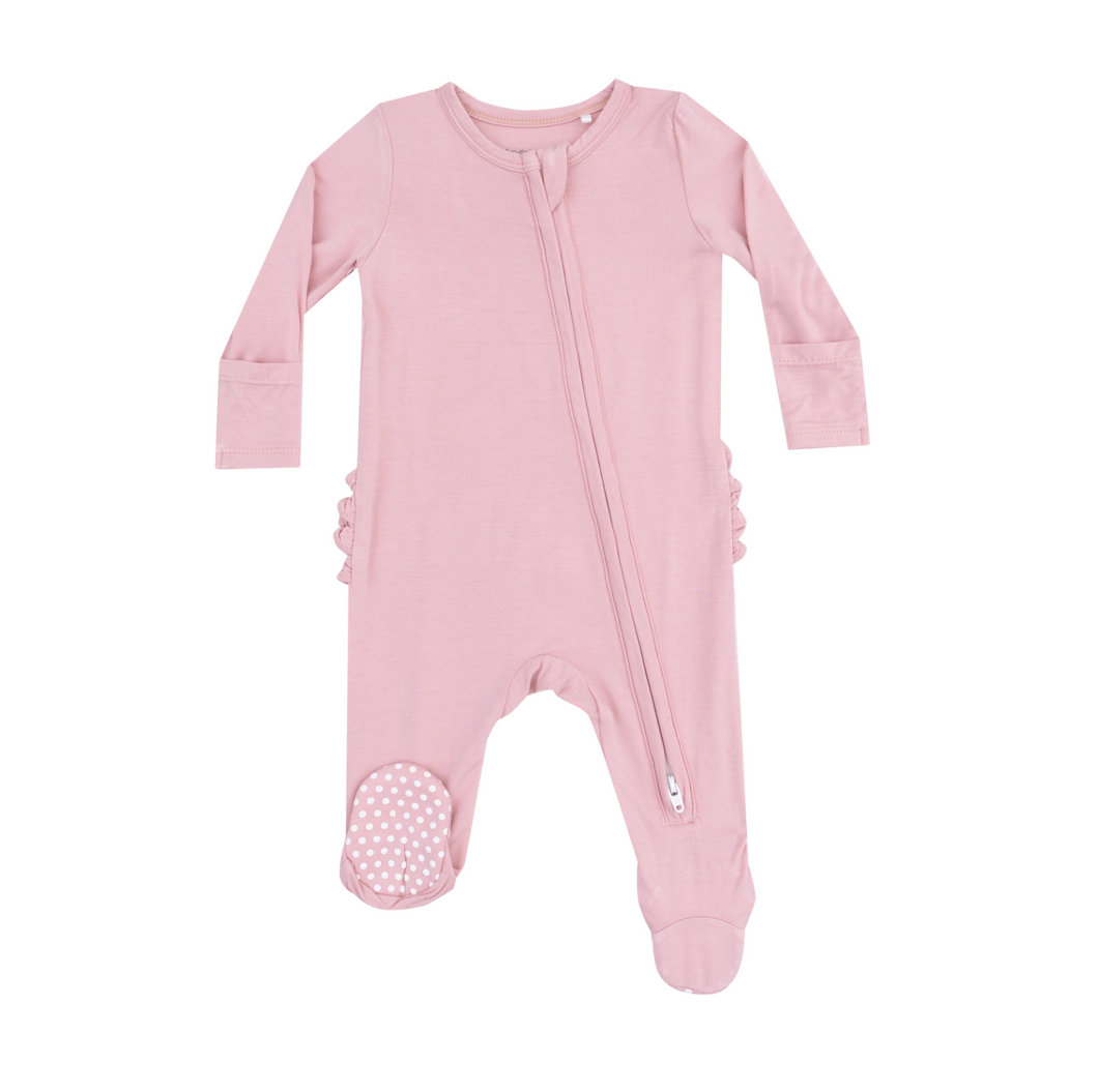 Solid Bridal Rose Ruffle Two-Way Zip Footie