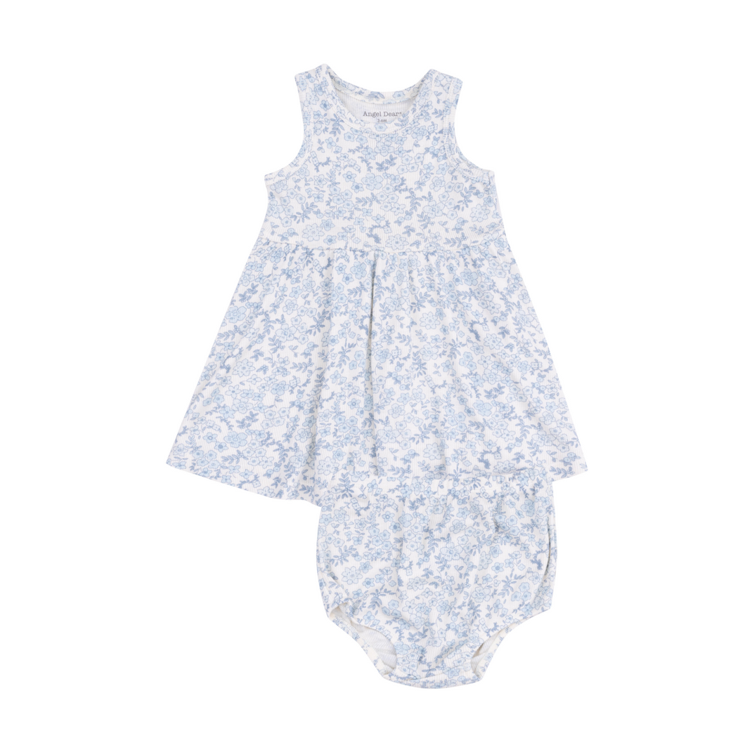 Blue Calico Floral Tank Dress & Bloomer Set