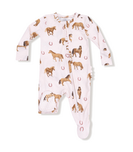 Load image into Gallery viewer, Horses Pink Ruffle Two-Way Zip Footie
