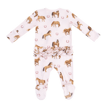 Load image into Gallery viewer, Horses Pink Ruffle Two-Way Zip Footie
