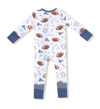 Load image into Gallery viewer, Touchdown Time Navy 2-Way Zipper Romper
