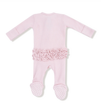 Load image into Gallery viewer, Veiled Pink Ruffle Two-Way Zip Footie
