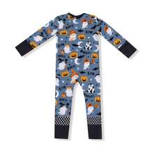 Load image into Gallery viewer, Glow In The Dark Costumed Ghosts 2-Way Zipper Romper
