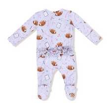 Load image into Gallery viewer, Touchdown Time Lavender Ruffle 2-Way Zip Footie

