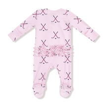 Load image into Gallery viewer, Hockey Pink Ruffle 2-Way Zip Footie
