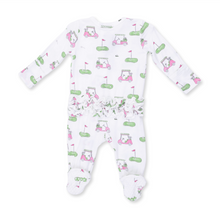 Load image into Gallery viewer, Golf Carts Pink Ruffle Two-Way Zip Footie
