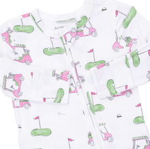 Load image into Gallery viewer, Golf Carts Pink Ruffle Two-Way Zip Footie

