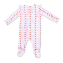 Load image into Gallery viewer, Football Bow Stripe Ruffle Two-Way Zip Footie

