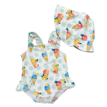 Load image into Gallery viewer, Ice Cream Cone Swimsuit &amp; Sun Hat 2pc Set

