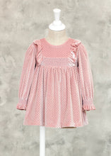 Load image into Gallery viewer, Pink Blush Glitter Polka Dot Ruffled Velvet Dress
